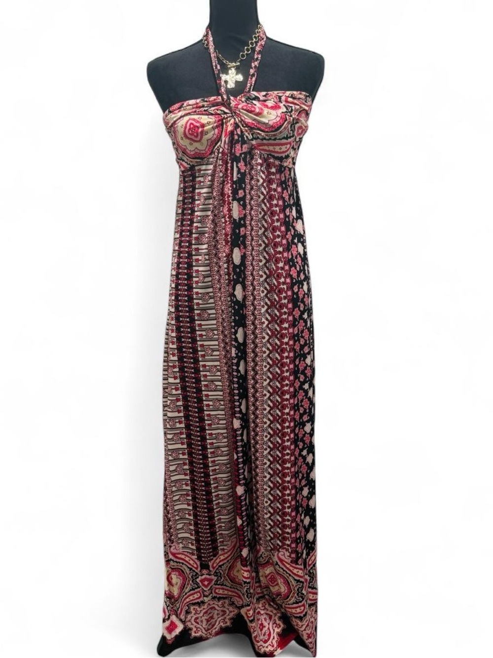 Y2K Bohemian Paisley Halter Maxi Dress Pink Resort Vacation Summer Julia Size M